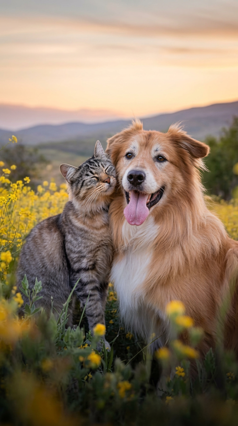 A golden retriever and orange cat surrounded by colourful pet toys